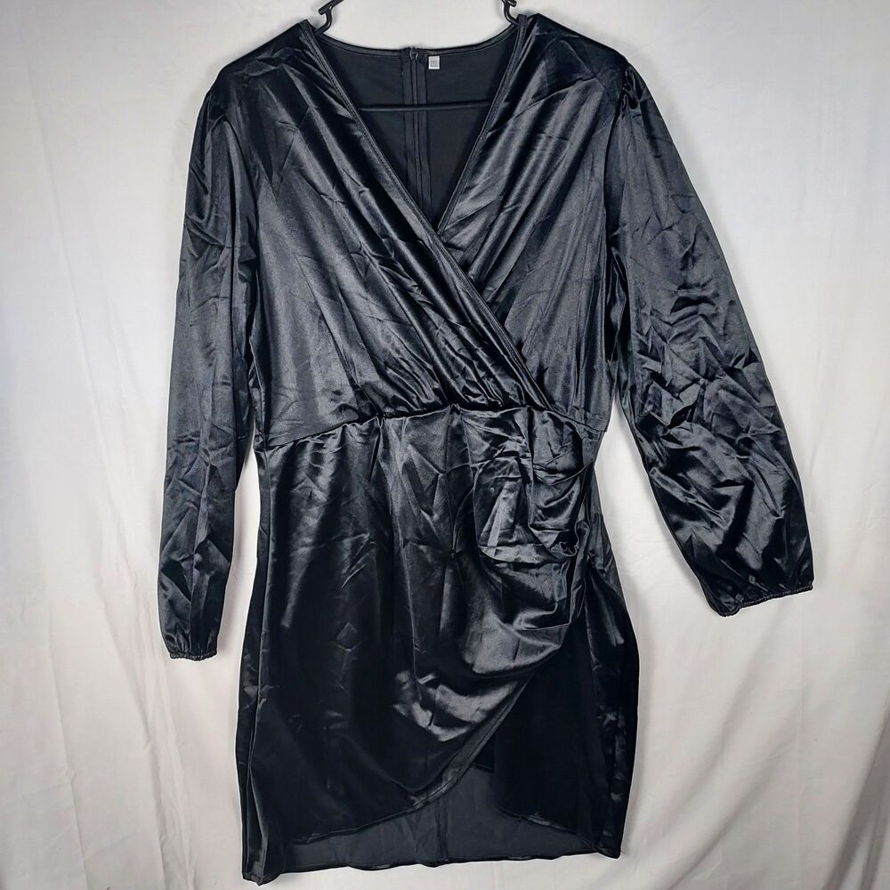 Yajedo Satin V-Neck Dress Size XXL Black Party/Cocktail Long Sleeve New